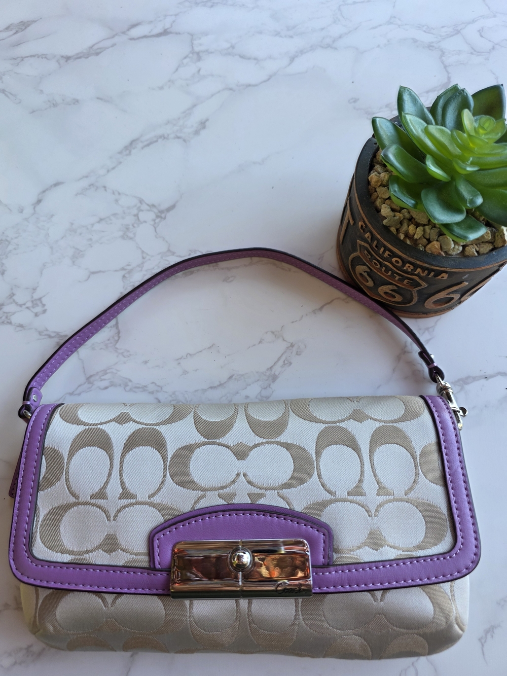 Coach Kristin Tan Purple signature sateen flap shoulder wristlet Small bag